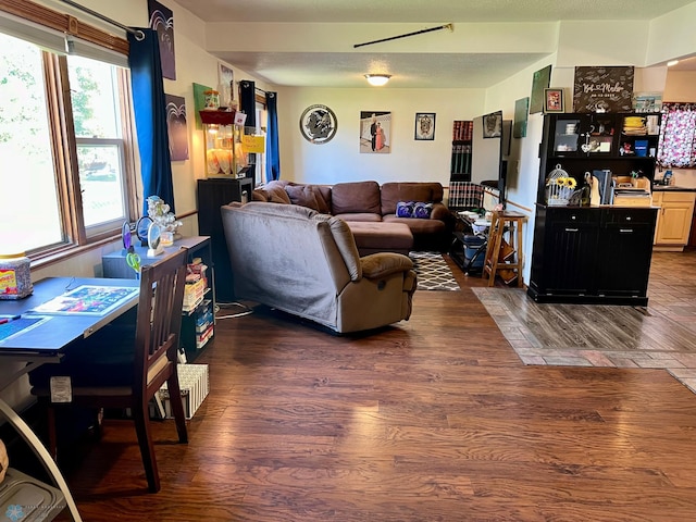 living room with dark hardwood / wood-style flooring and a textured ceiling