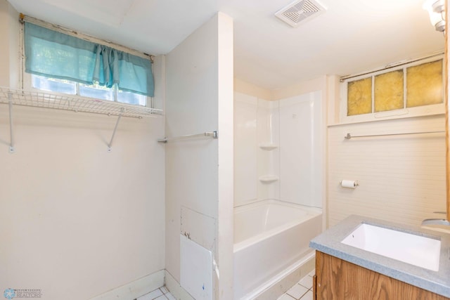 bathroom featuring shower / tub combination, vanity, and tile patterned floors