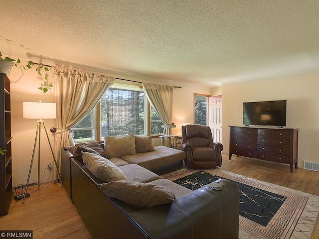 living room featuring light wood-type flooring and a textured ceiling