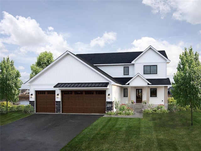 modern inspired farmhouse featuring cooling unit, a garage, and a front lawn