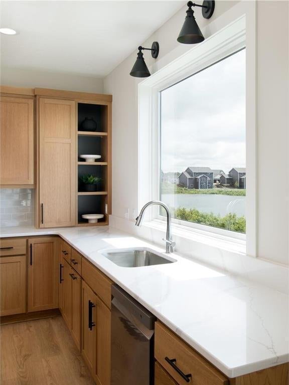 kitchen with dishwasher, a water view, sink, light hardwood / wood-style flooring, and decorative backsplash