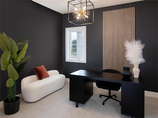 carpeted office featuring a chandelier