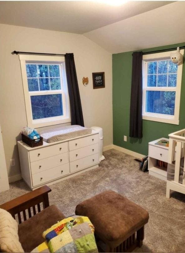 bedroom featuring light colored carpet and lofted ceiling