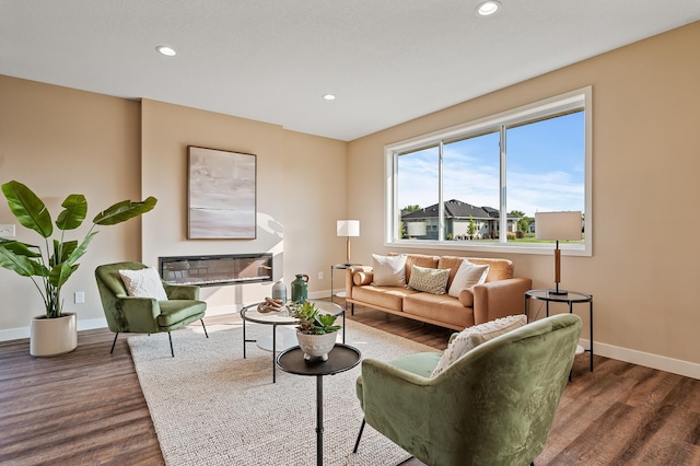 living room with dark hardwood / wood-style flooring