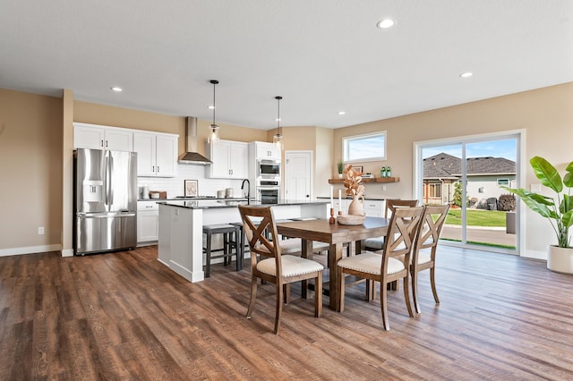 dining room featuring sink and dark wood-type flooring