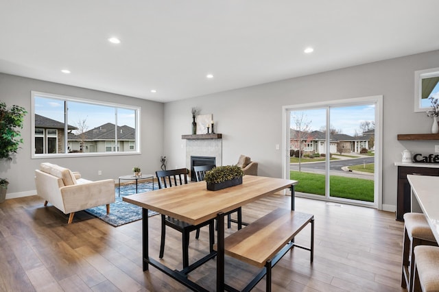 dining space featuring wood-type flooring