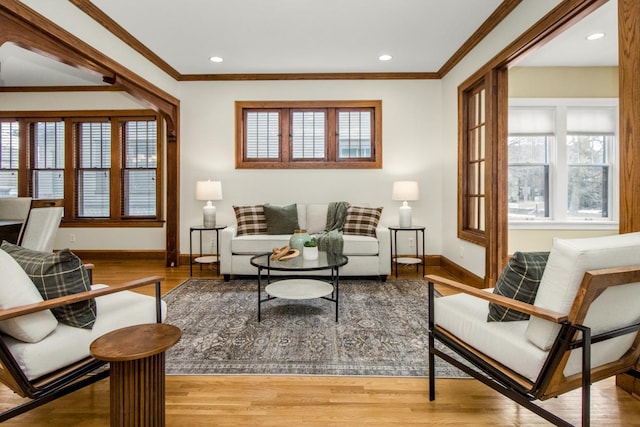 living area featuring crown molding and wood-type flooring