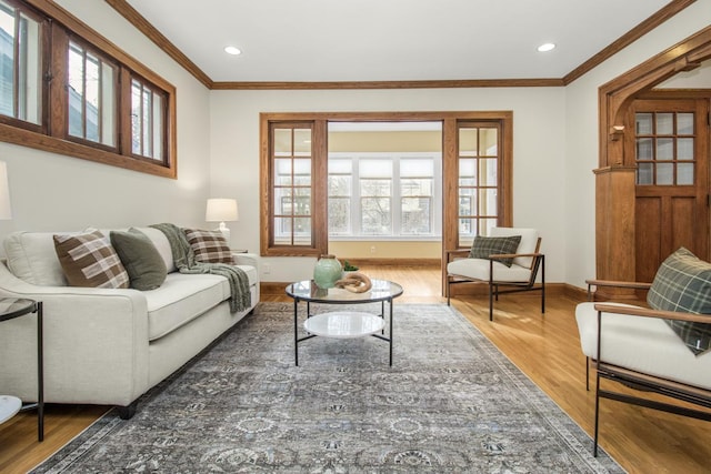 living room with ornamental molding and dark hardwood / wood-style floors