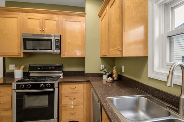 kitchen with sink, stainless steel appliances, and light brown cabinets