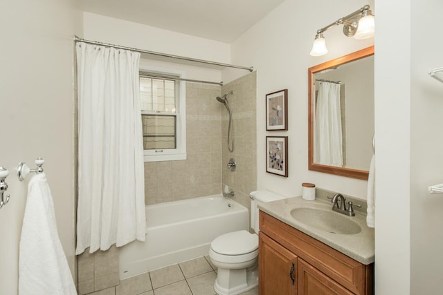 full bathroom featuring toilet, vanity, shower / bathtub combination with curtain, and tile patterned flooring