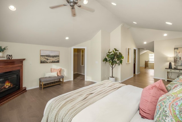 bedroom with dark wood-type flooring, lofted ceiling, a walk in closet, a closet, and ceiling fan