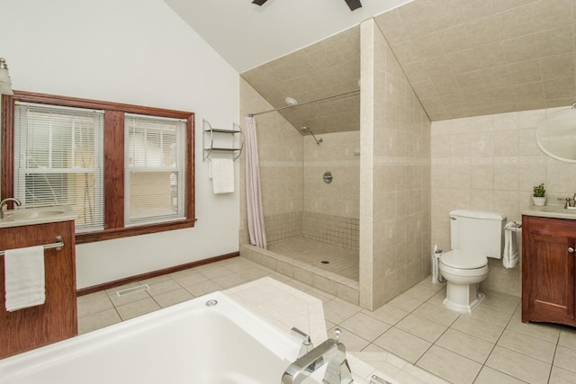 full bathroom with tile walls, plus walk in shower, vaulted ceiling, tile patterned floors, and toilet