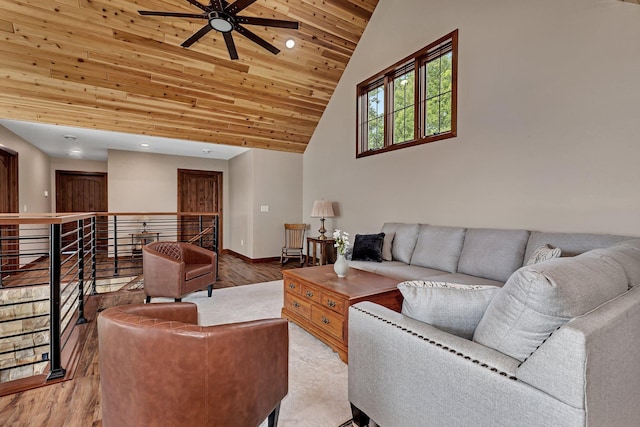 living room with ceiling fan, high vaulted ceiling, wood ceiling, and light hardwood / wood-style floors