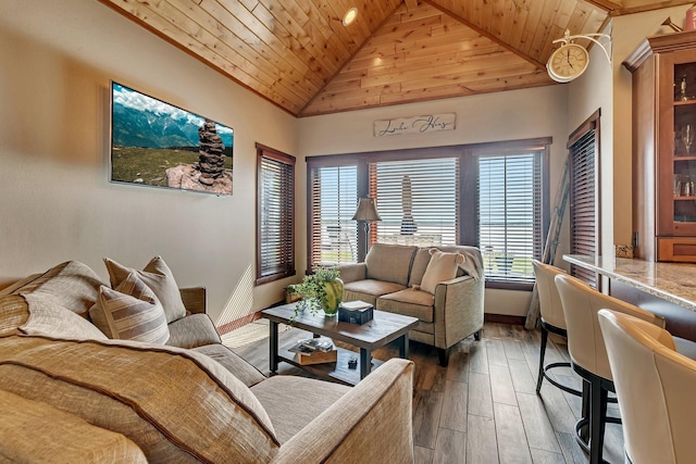 living room featuring wood ceiling, dark wood-type flooring, and high vaulted ceiling