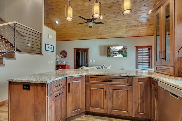 kitchen featuring light stone countertops, vaulted ceiling, stainless steel dishwasher, and wooden ceiling