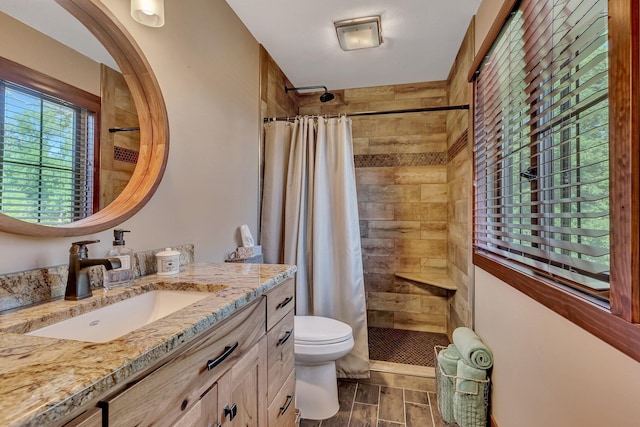 bathroom featuring vanity, toilet, and walk in shower