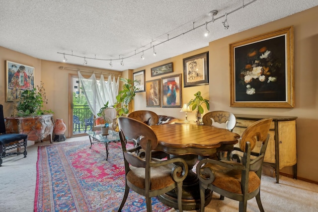 carpeted dining space featuring a textured ceiling and rail lighting