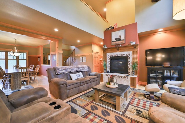 living room featuring a high ceiling