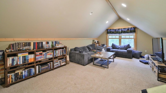 living room with light carpet and vaulted ceiling