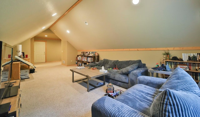 living room featuring carpet flooring and vaulted ceiling