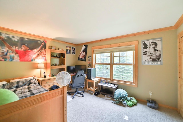 carpeted home office with crown molding