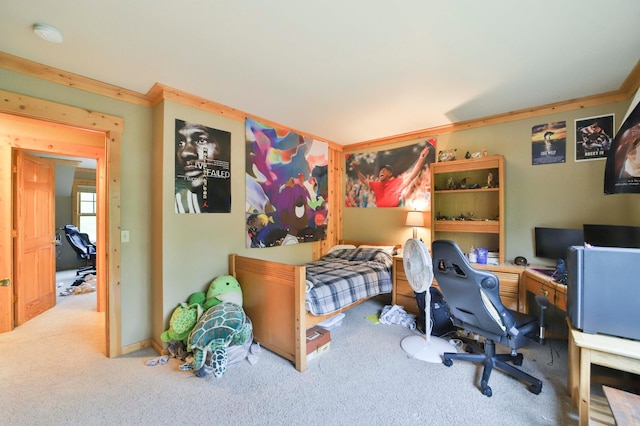 bedroom with carpet flooring and ornamental molding