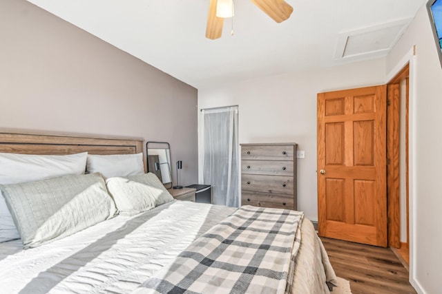 bedroom featuring hardwood / wood-style floors and ceiling fan