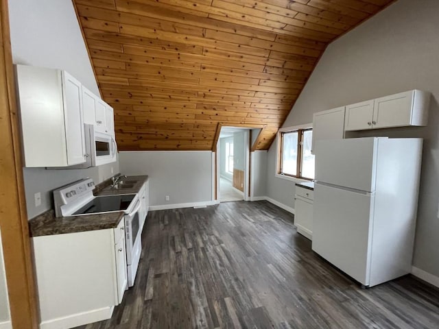 kitchen with lofted ceiling, white appliances, white cabinetry, and wooden ceiling