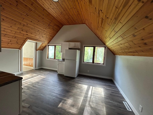 bonus room with dark hardwood / wood-style floors, wood ceiling, and vaulted ceiling