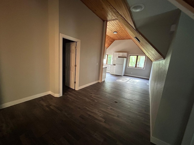 additional living space with dark hardwood / wood-style flooring, lofted ceiling, and wooden ceiling