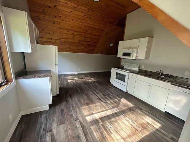 kitchen featuring white cabinetry, sink, wooden ceiling, vaulted ceiling, and white appliances