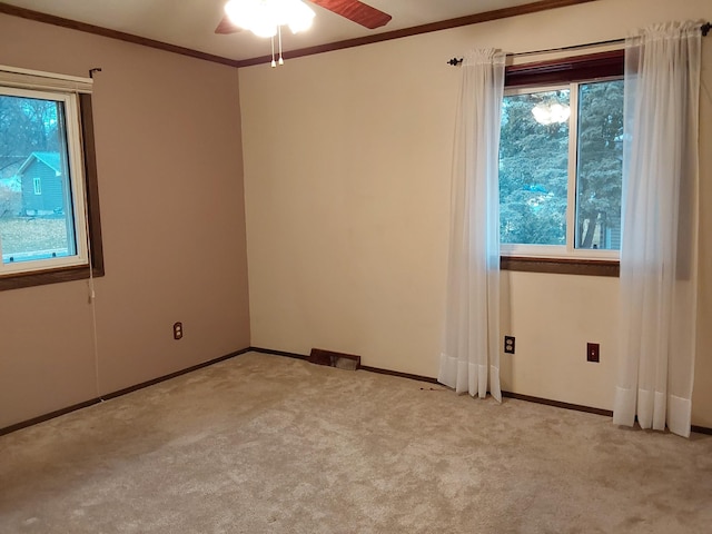 carpeted spare room featuring ceiling fan and ornamental molding