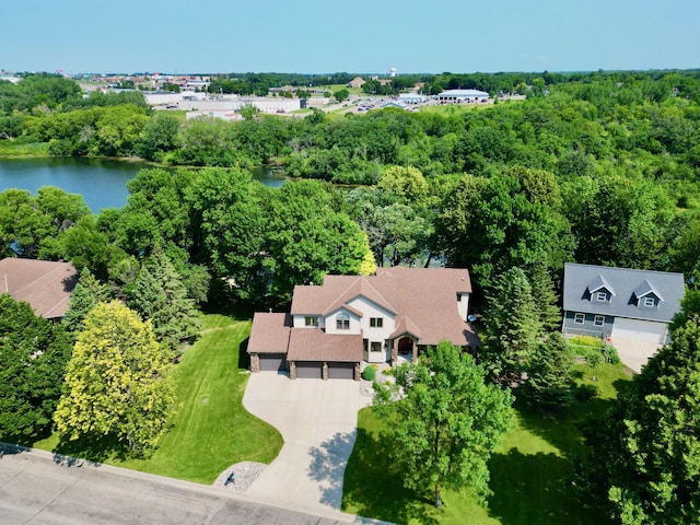 aerial view featuring a water view