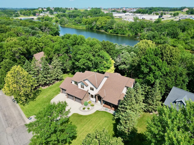 birds eye view of property featuring a water view