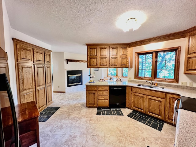 kitchen with dishwasher, sink, crown molding, a textured ceiling, and range