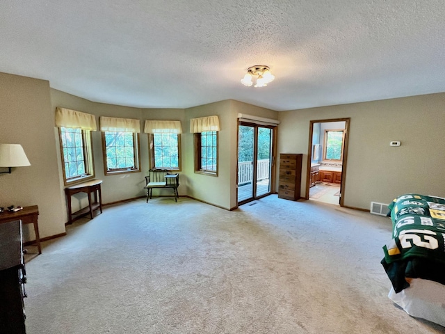 living room featuring a textured ceiling and light colored carpet