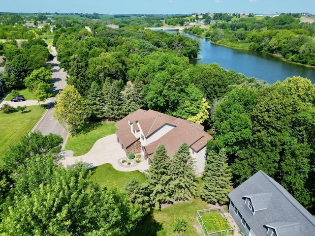 drone / aerial view with a water view