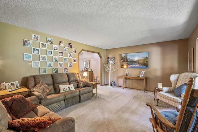 carpeted living room with a textured ceiling