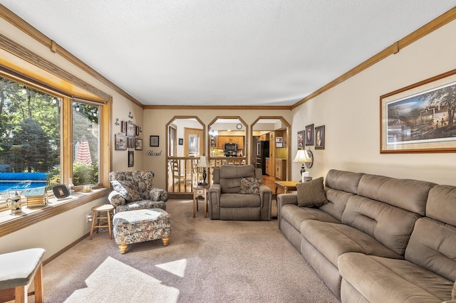 living room featuring crown molding and carpet