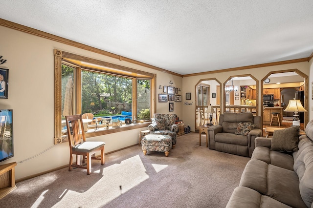 living room featuring carpet flooring, a textured ceiling, and ornamental molding