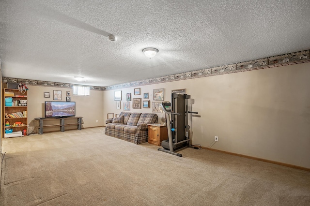 carpeted living room with a textured ceiling