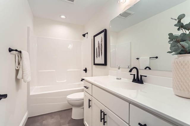 full bathroom featuring shower / tub combination, vanity, and toilet