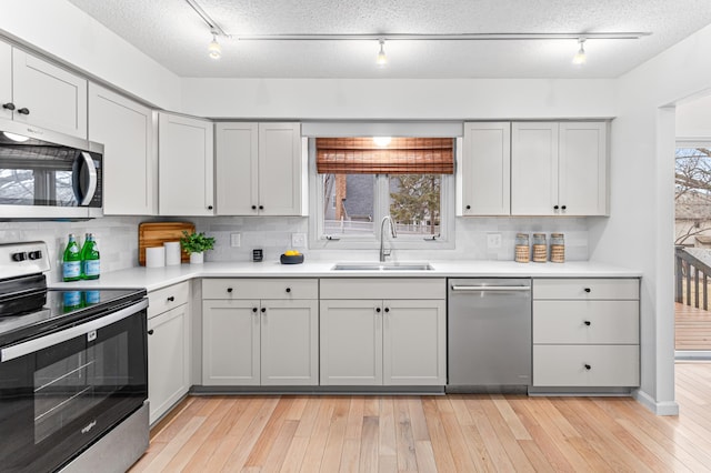 kitchen featuring sink, light hardwood / wood-style flooring, appliances with stainless steel finishes, a wealth of natural light, and backsplash