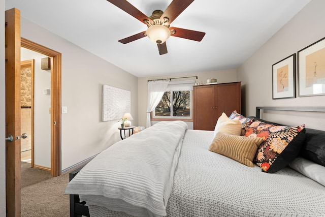 bedroom with ceiling fan and carpet flooring