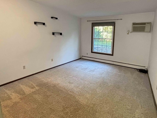 carpeted empty room with a baseboard radiator and a wall unit AC