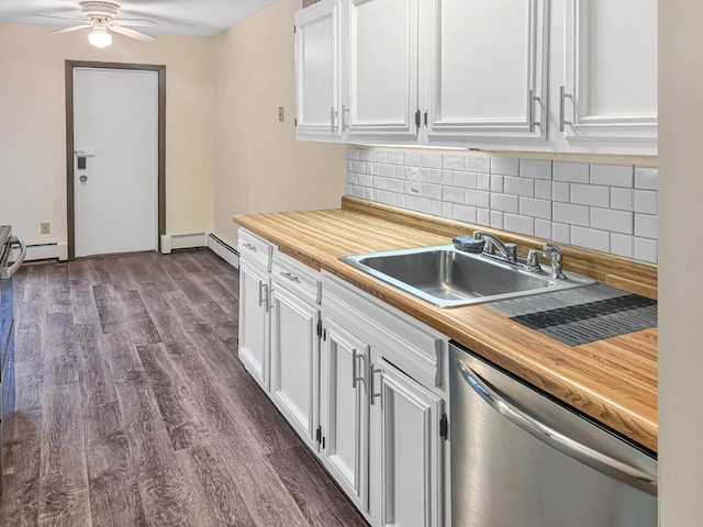 kitchen featuring dishwasher, backsplash, white cabinets, sink, and ceiling fan