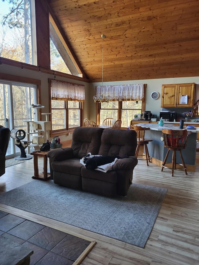 living room with a healthy amount of sunlight, high vaulted ceiling, wooden ceiling, and light hardwood / wood-style floors