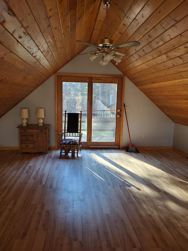 bonus room with ceiling fan, wood ceiling, lofted ceiling, and light wood-type flooring