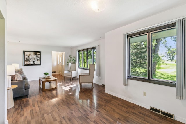 living area featuring dark wood-type flooring and a textured ceiling