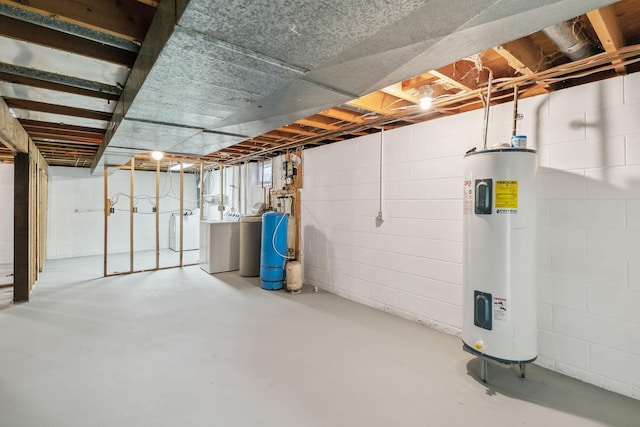 basement with electric water heater and washer and clothes dryer